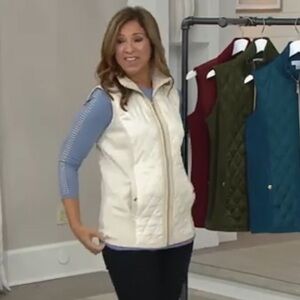 Susan Graver Quilted Knit Sleeveless Vest Cream  Full  Zip & Snap Pockets XXS